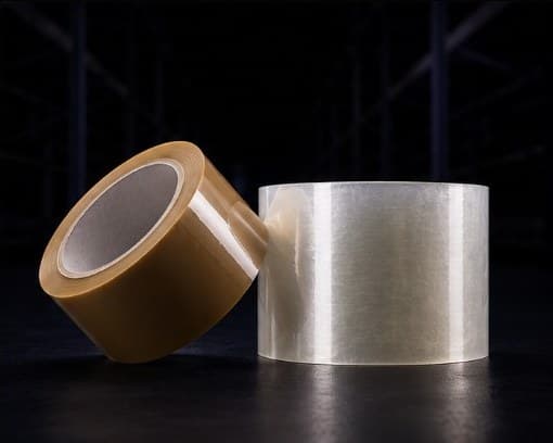 Industrial packing tape in a warehouse packaging setting