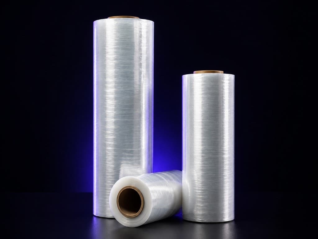 Clear stretch film rolls on a dark studio background